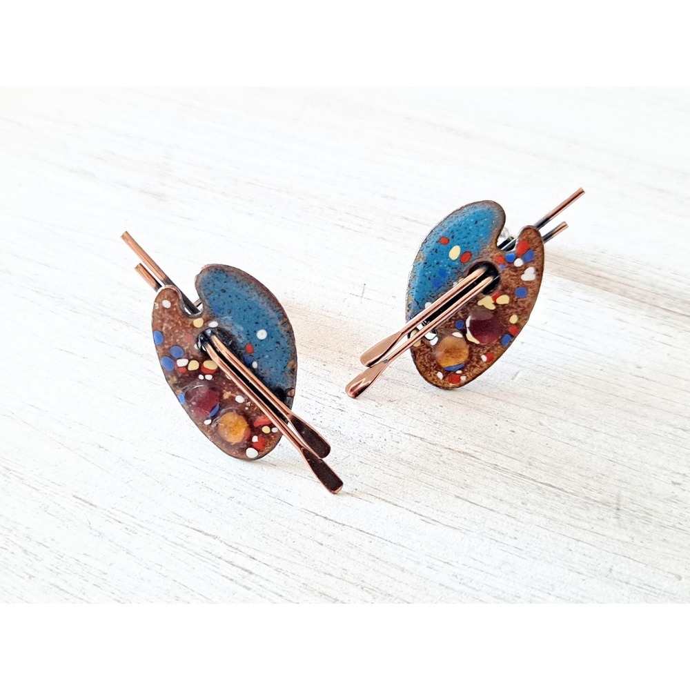 Vintage Renoir Matisse Copper Clip-on Earrings Artist Palette Design - Picture 6 of 9